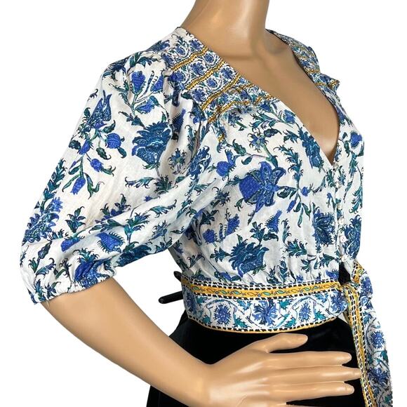 Artelier Nicole Miller Linen Blend Floral Cropped Blouse Tie Front Size S Resort - Picture 2 of 8
